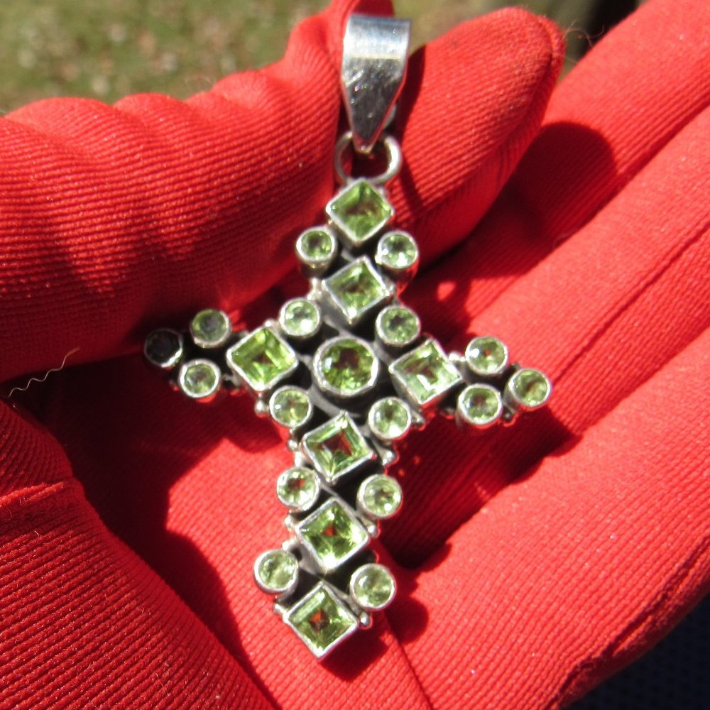 Lovely Large Peridot Sterling Silver Cross Pendant
